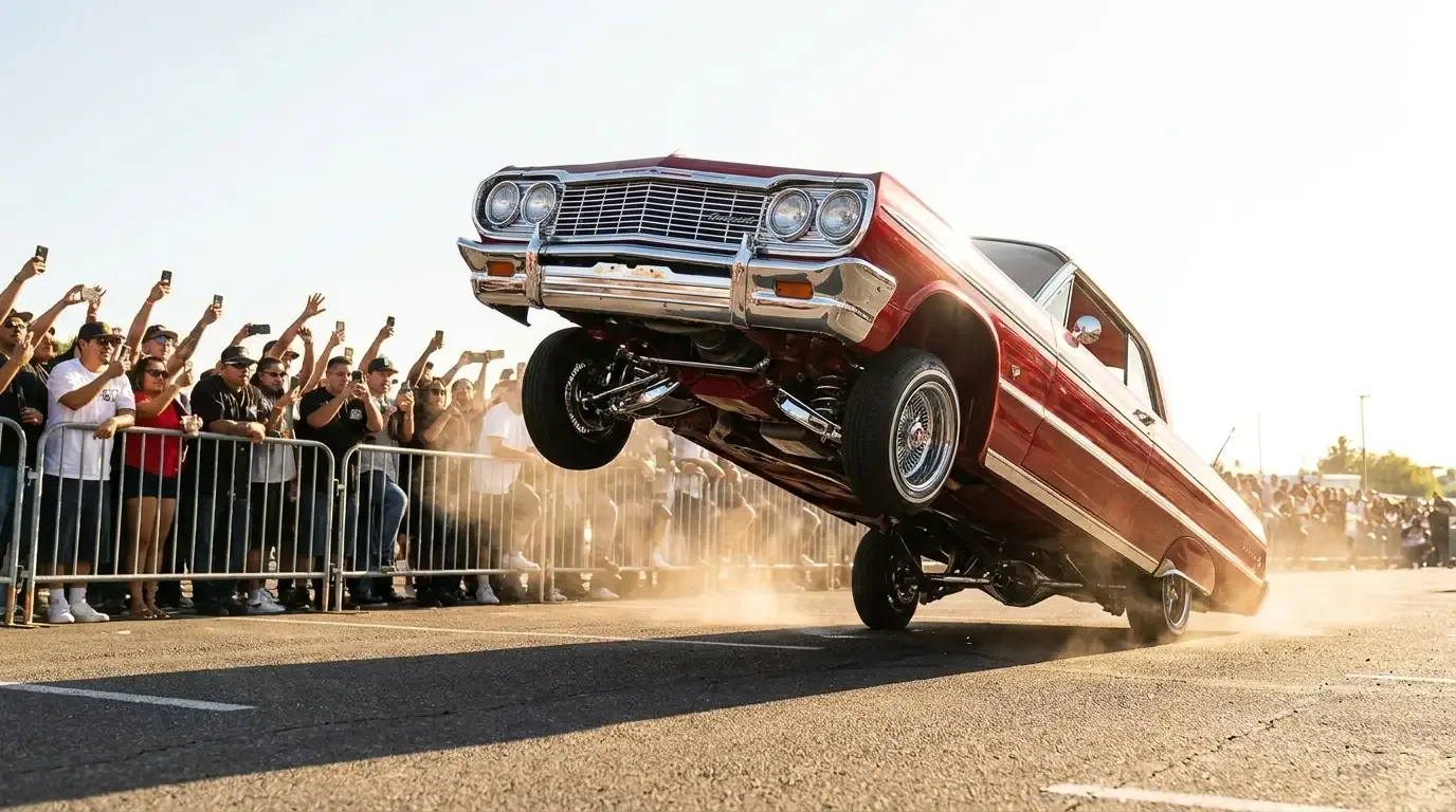 Lowrider hopper with its front end launched high into the air at a hop competition as a crowd watches