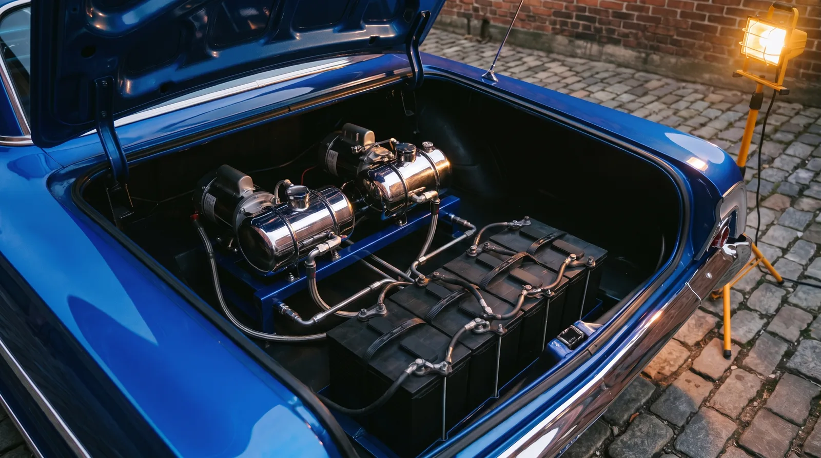 Lowrider hydraulic pumps and batteries, open trunk in a brick alley