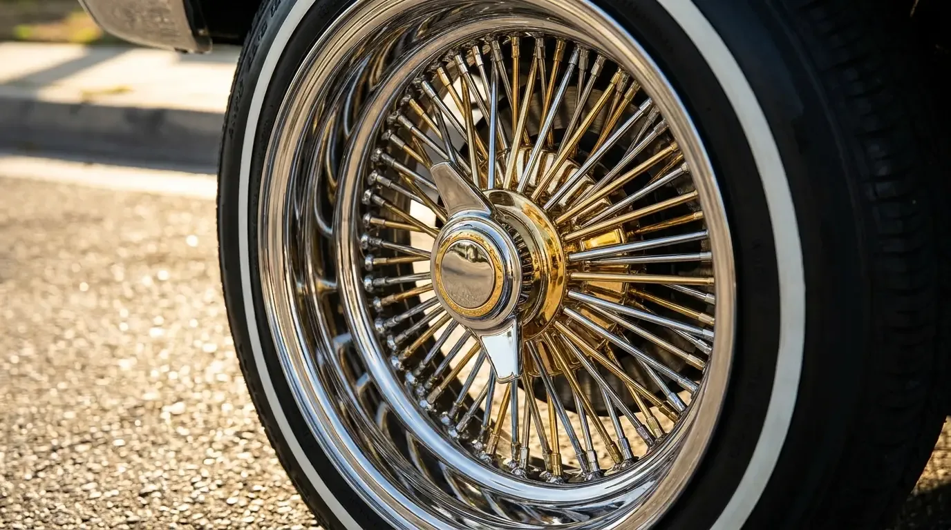 Close-up of a gold-and-chrome 13-inch wire wheel with a two-bar knock-off spinner and a skinny whitewall tire, spokes glinting in the sun