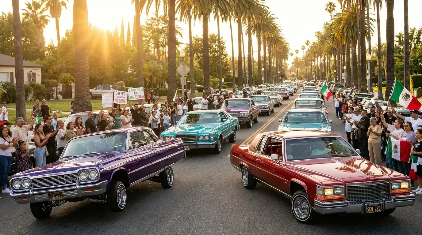 A proud line of candy-painted classic lowriders cruising a sunny palm-lined California boulevard as families and car clubs cheer from the sidewalks, celebrating the post-repeal legal cruise.