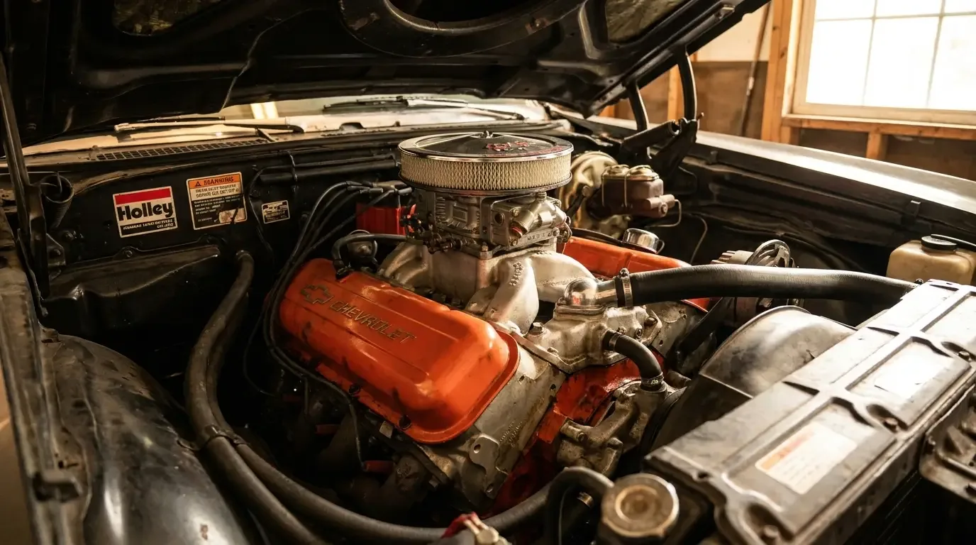 1970 Chevelle LS6 454 engine bay - Holley carb and aluminum intake