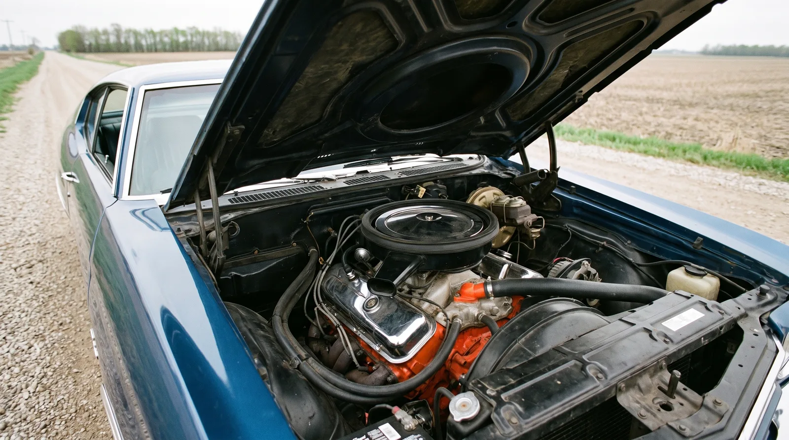 1970 Chevrolet Chevelle SS 454, hood up on a country road