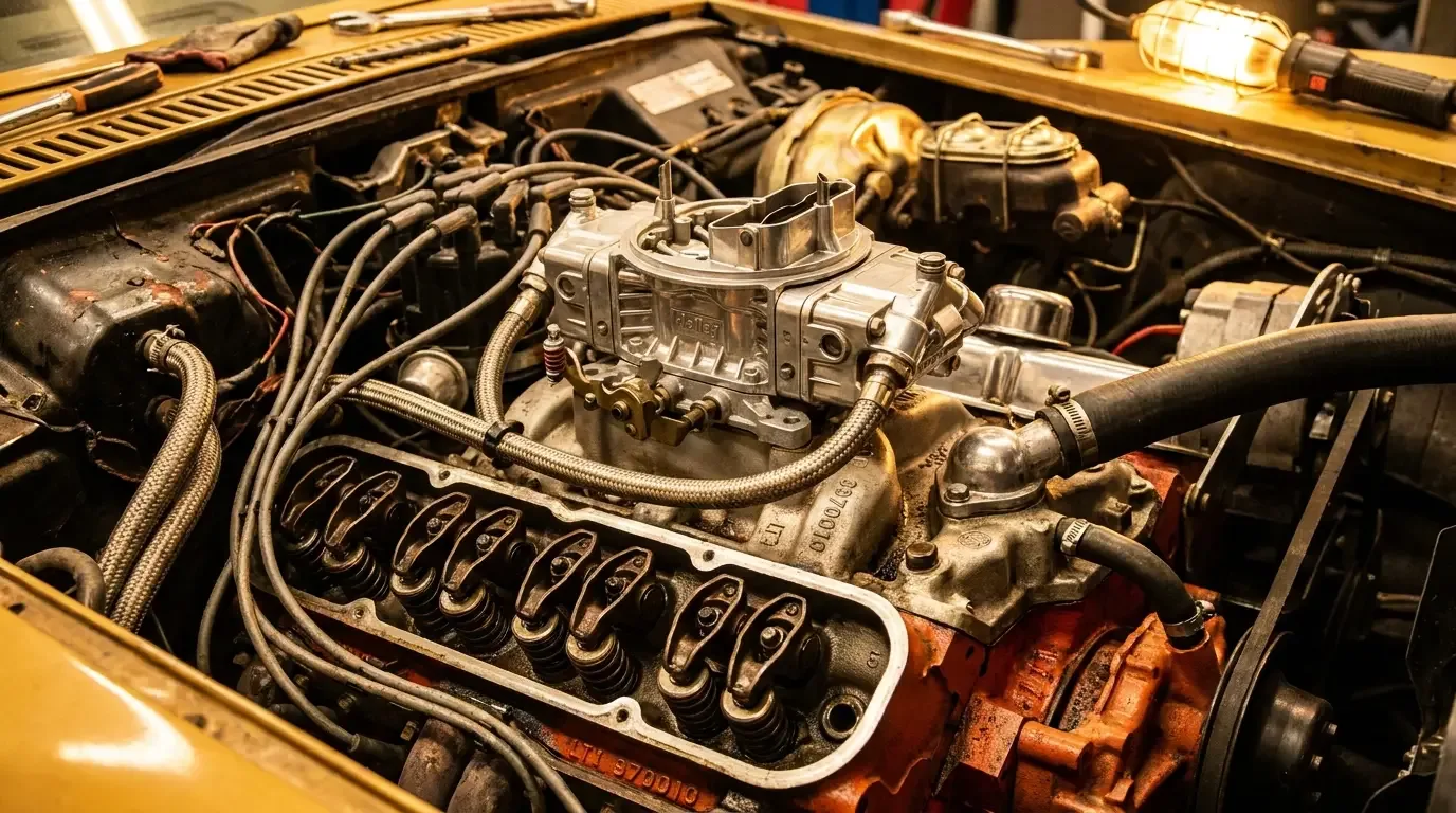 Dramatic close-up of a 1970 Chevrolet Corvette LT1 350 small-block V8 engine bay showing the Holley four-barrel carburetor and solid-lifter valvetrain