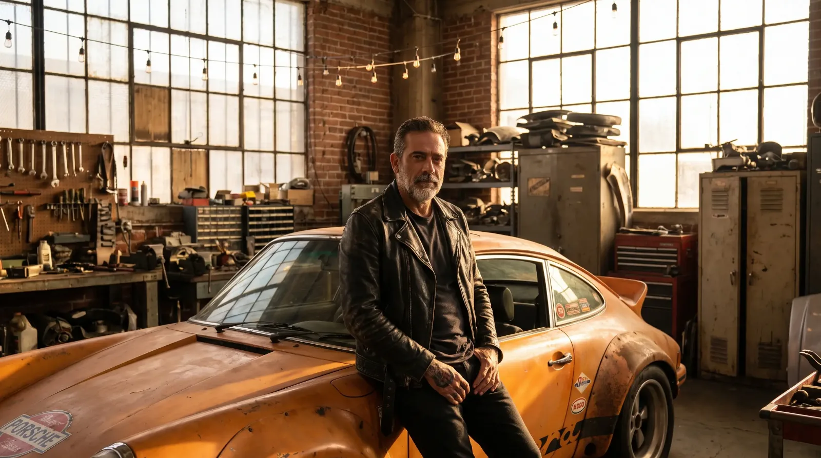 Magnus Walker standing beside his orange patina-finished 1971 Porsche 911T in a downtown Los Angeles warehouse