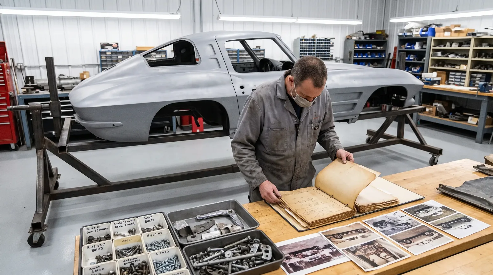 Corvette Sting Ray body on a rotisserie in a specialist restoration shop while a technician checks it against original factory documentation