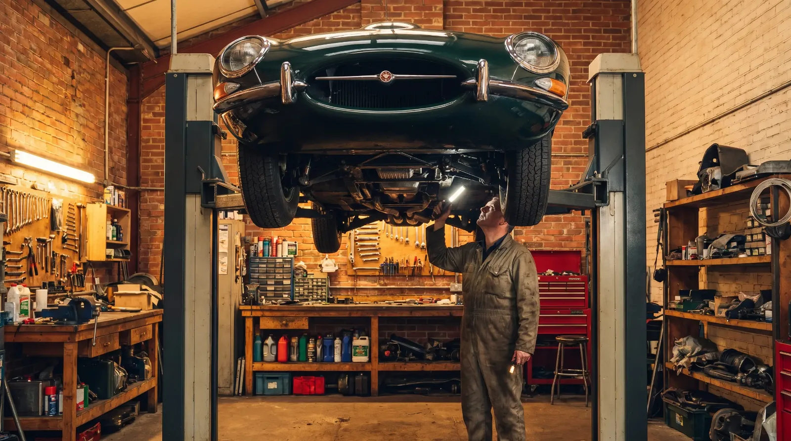 Classic luxury car on a workshop lift being inspected