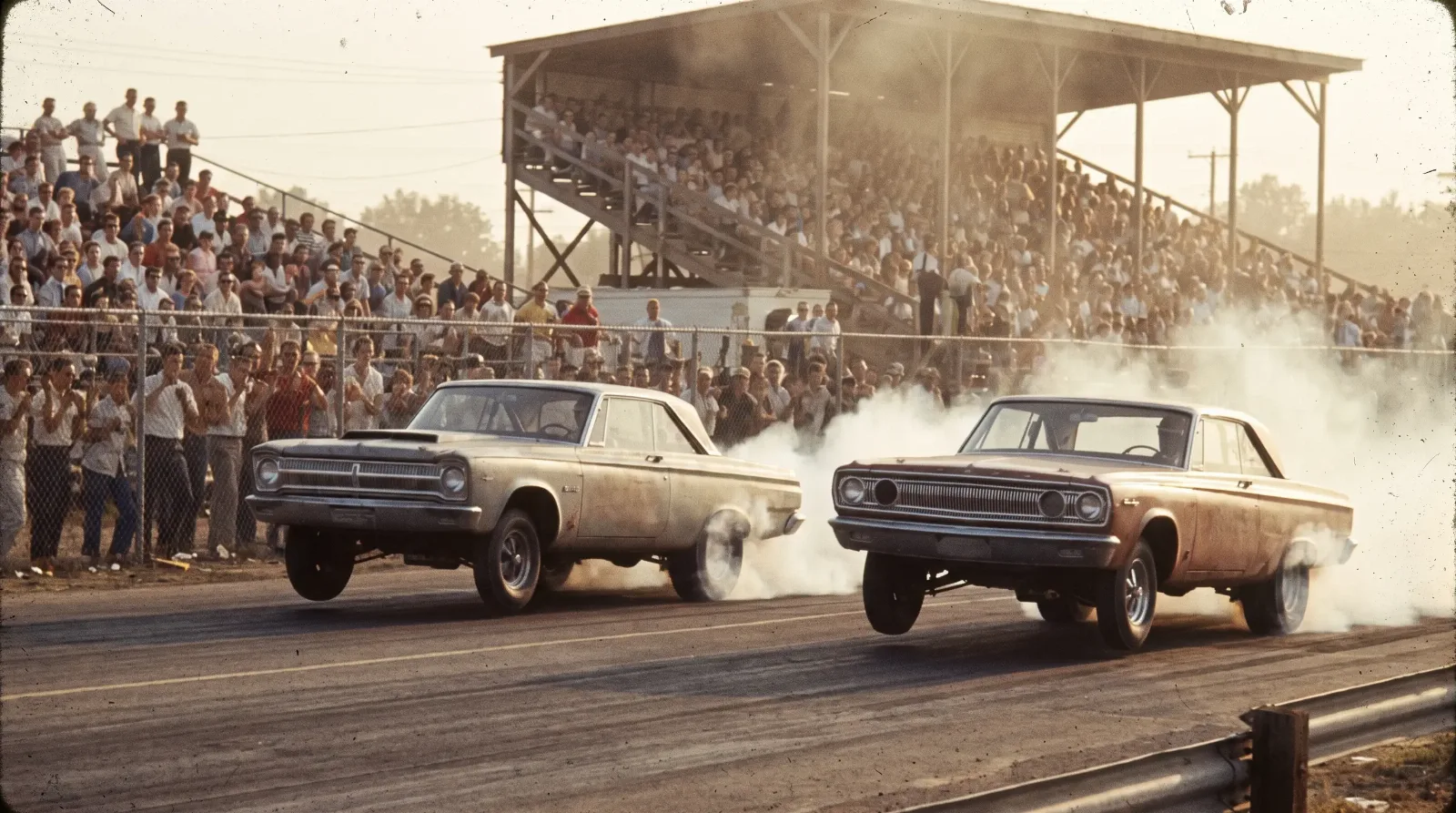 Two altered-wheelbase A/FX match-race cars launching side by side at a 1965 drag strip