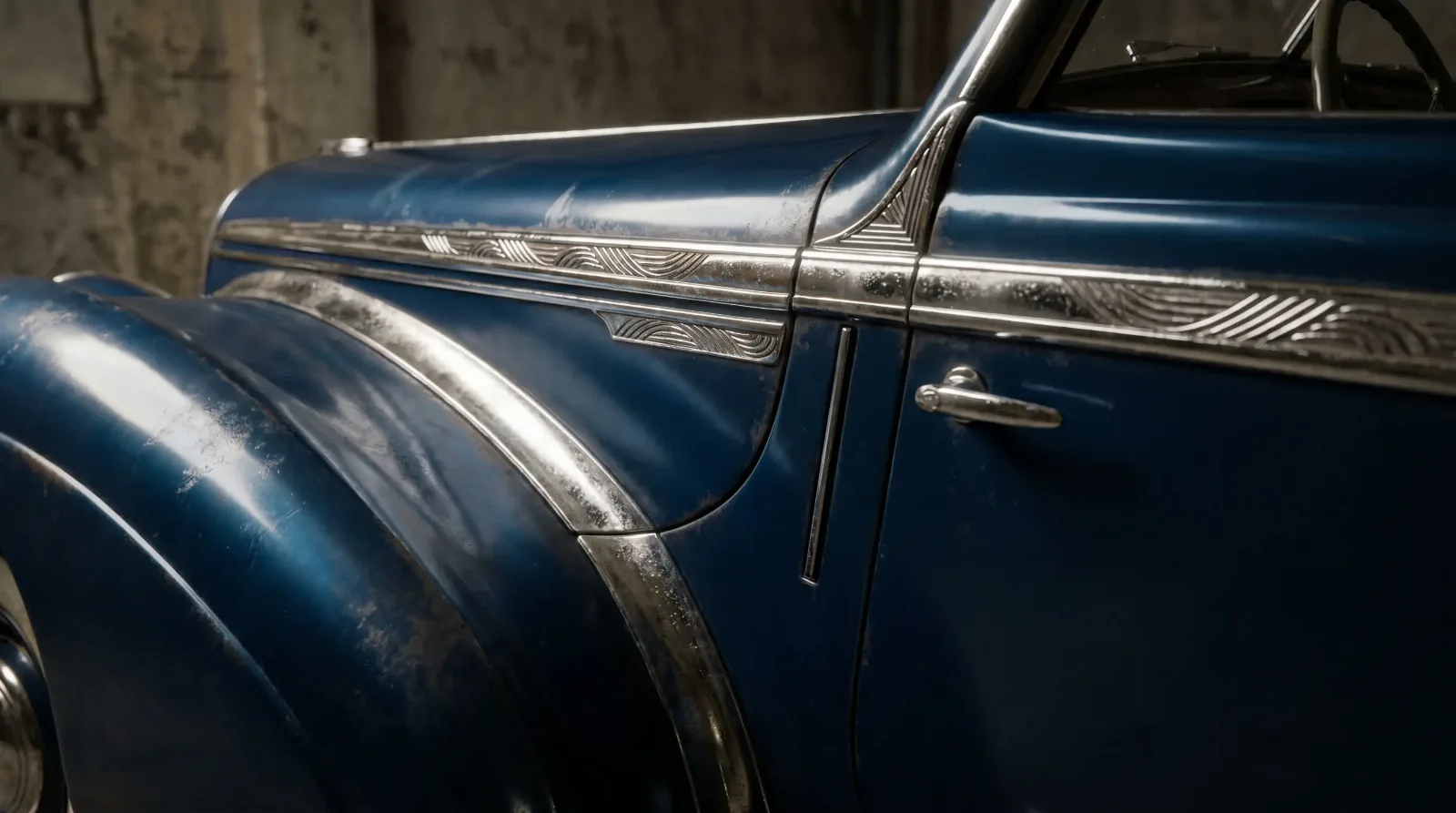 Detail of hand-formed prewar coachbuilt body and chrome trim