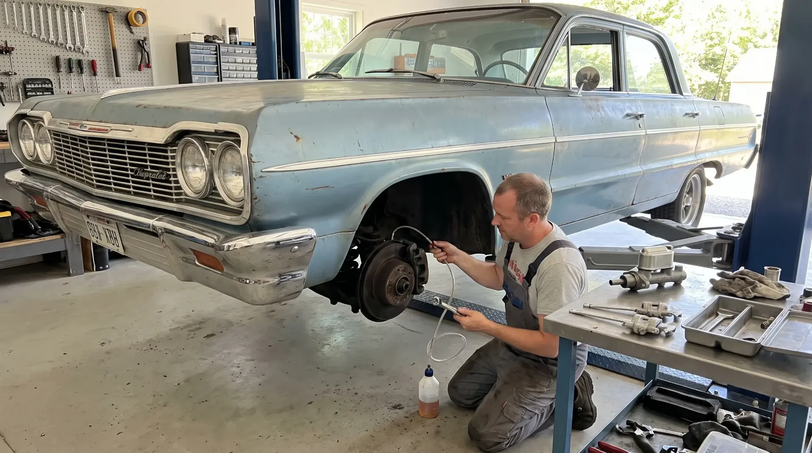 Sun-faded 1960s sedan with original patina paint on a lift while a mechanic replaces brake hoses and rebuilt brake parts sit on the workbench