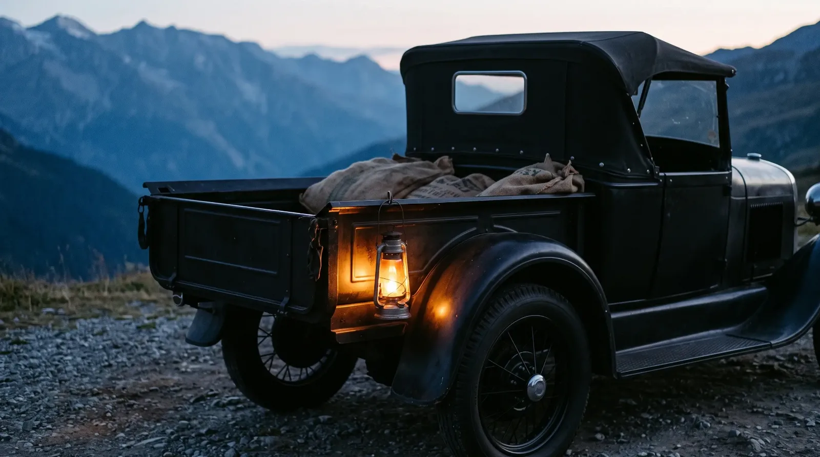 1929 Ford Model A roadster pickup, feed sacks and lantern on a mountain pass