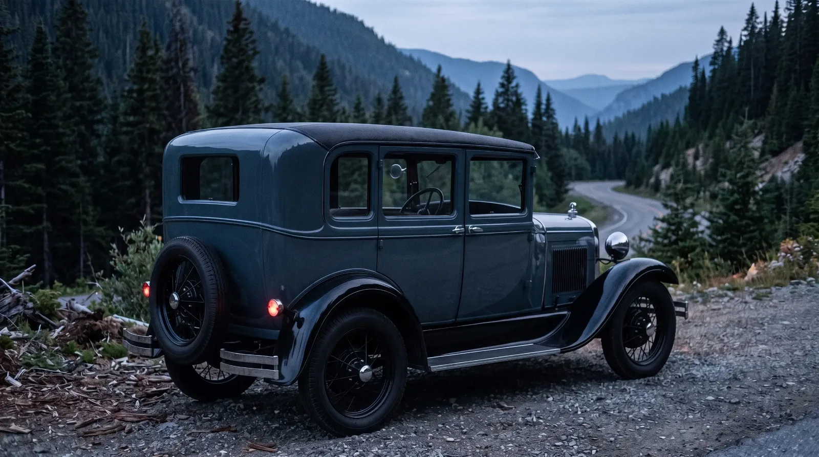1929 Ford Model A three-window Fordor, rear view on a mountain pass at dusk