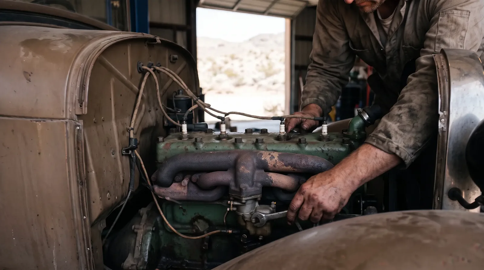 1928 Ford Model A engine, carburetor tuned in a desert workshop