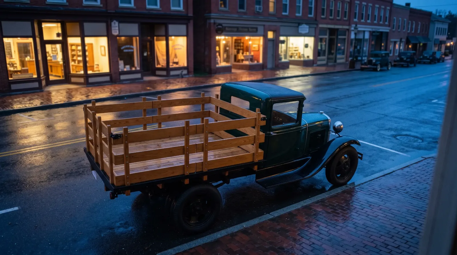 1930 Ford Model AA stake truck with dual rear wheels on a small-town main street at dusk