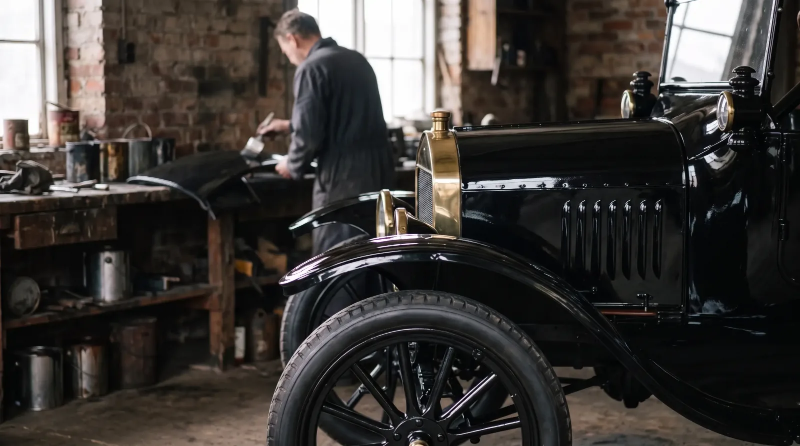 1915 Ford Model T touring, fresh black paint in workshop