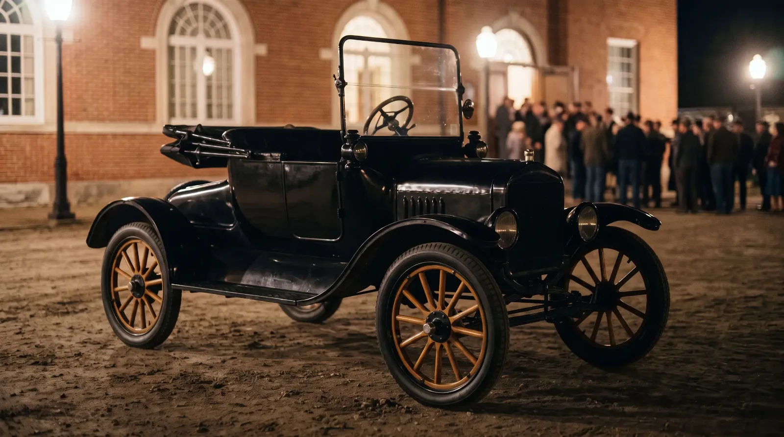 1915 Ford Model T Runabout, parked outside a town hall at night
