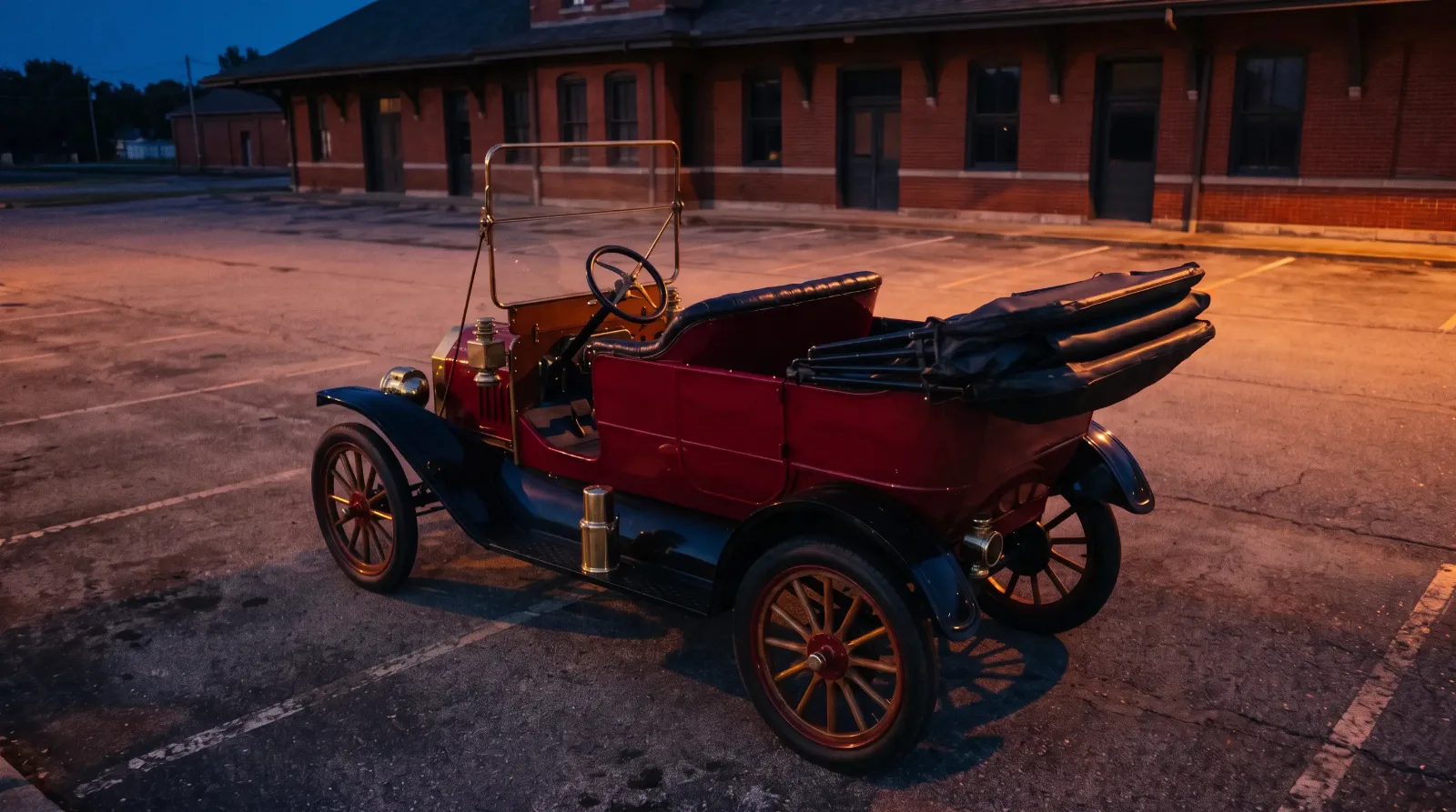1909 Ford Model T touring car parked by a brick railroad depot at dusk