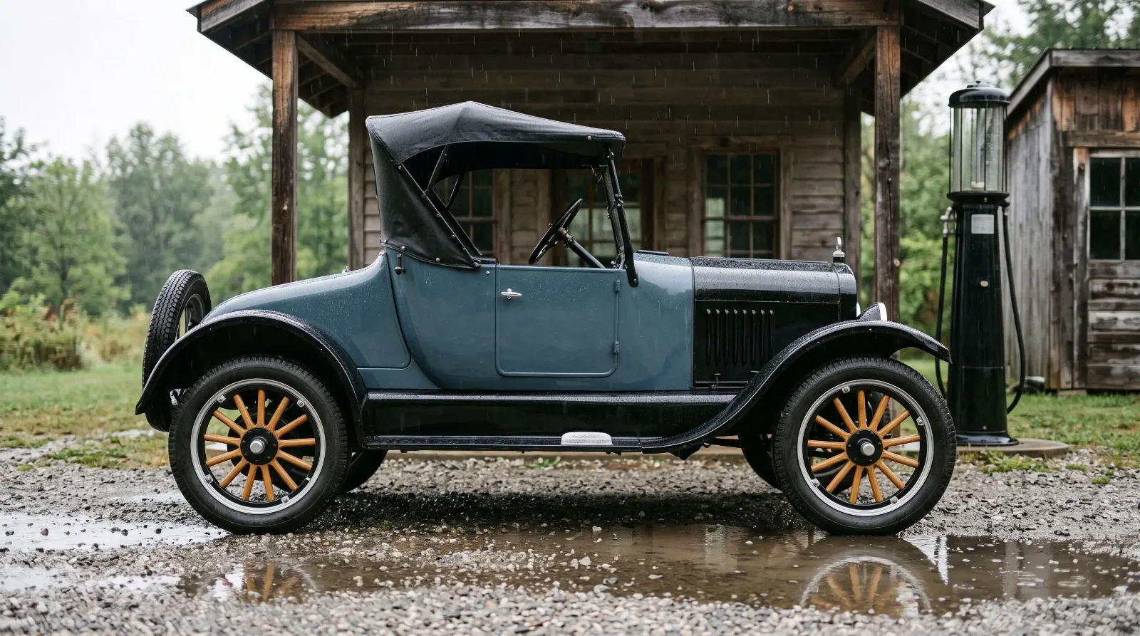 1926 Ford Model T Improved Runabout, parked at a filling station in rain