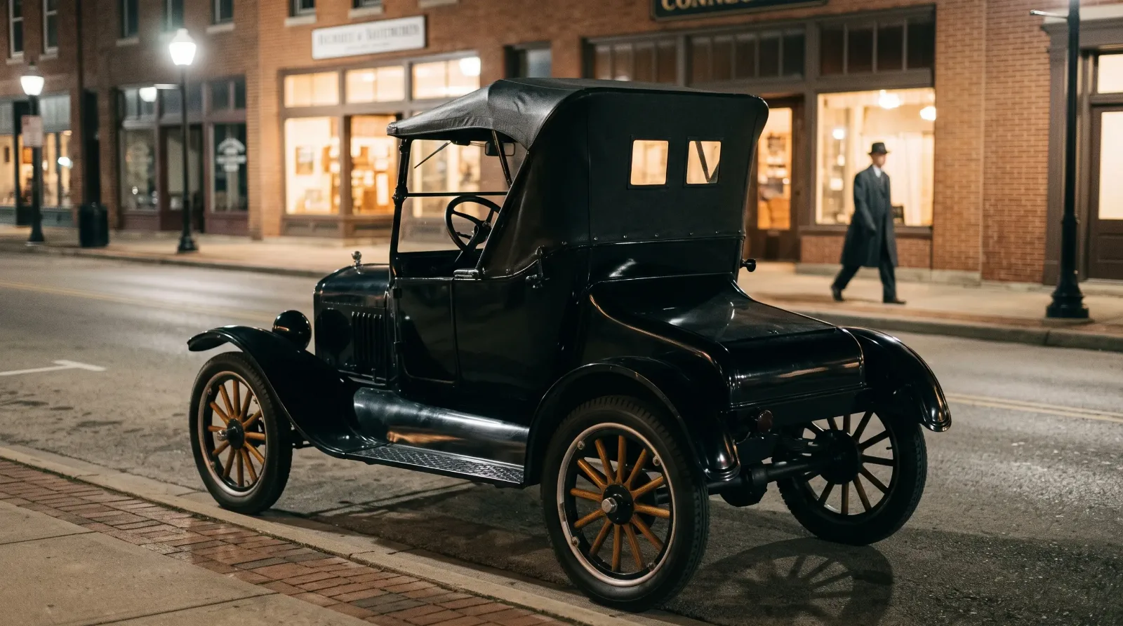 1925 Ford Model T Runabout, parked on a main street at night