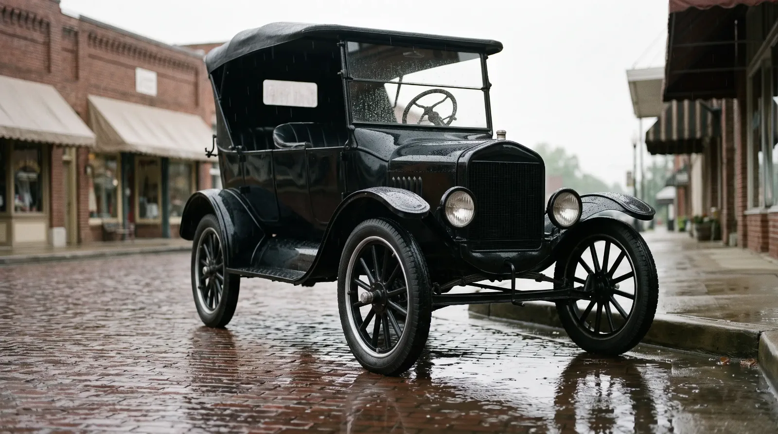 1923 Ford Model T touring, parked on a rainy main street