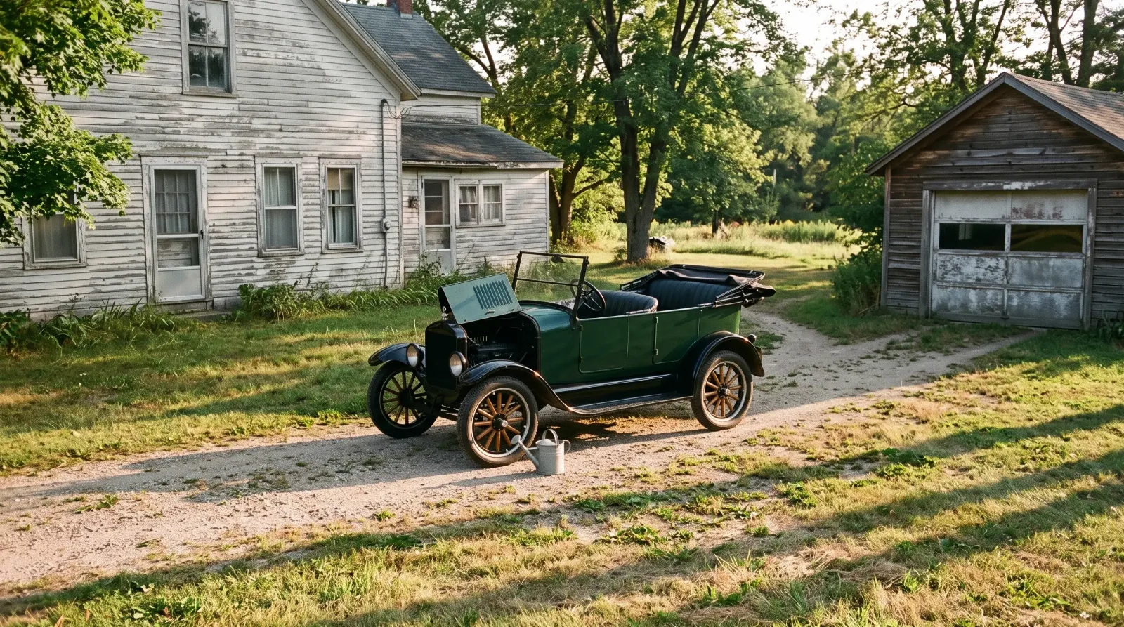 1927 Ford Model T Touring, hood open in farmhouse driveway