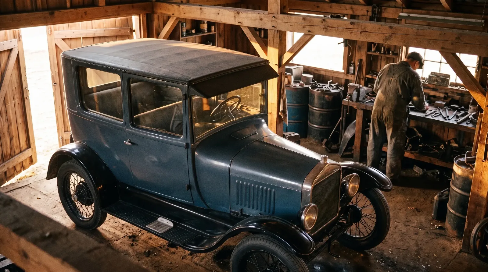 1927 Ford Model T sedan, in a timber workshop