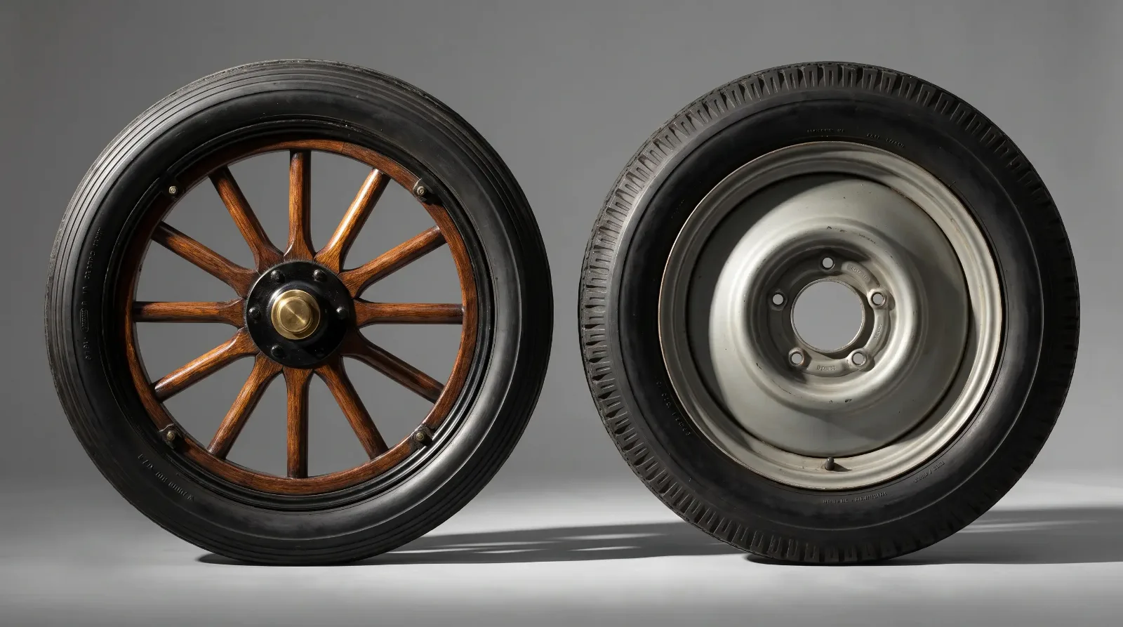 Original wood-spoke wheel beside mismatched later steel wheel