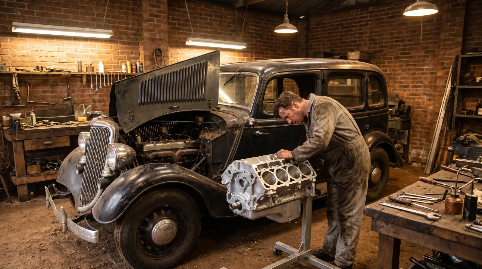 Mechanic comparing replacement and original engine in workshop