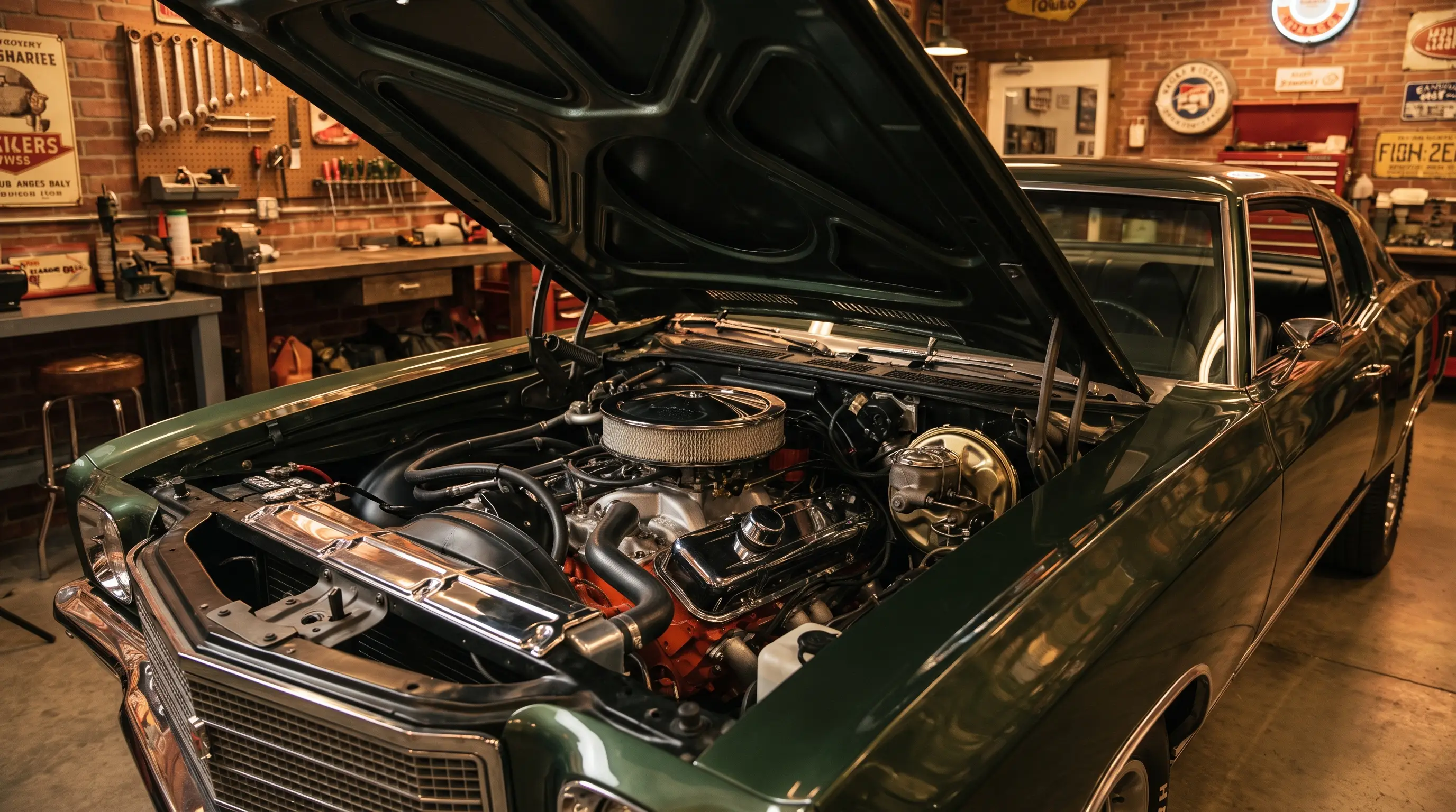 Dark green 1970 Monte Carlo with hood open showing big block V8 engine