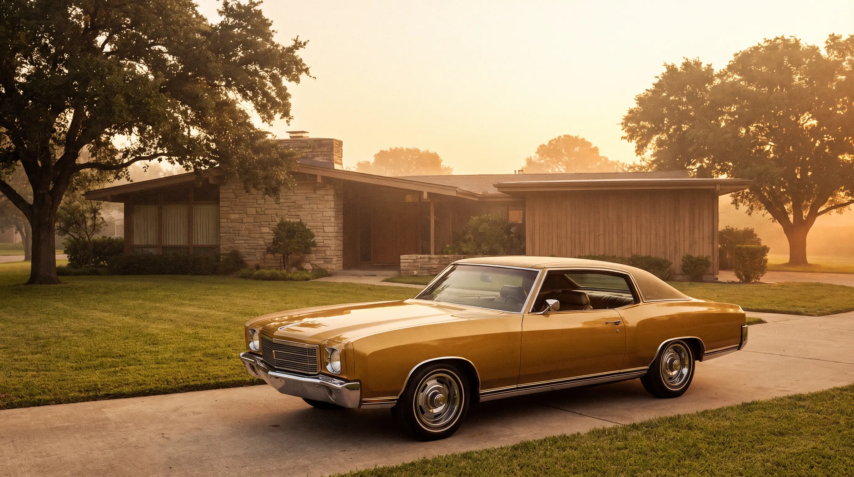 Gold 1970 Chevrolet Monte Carlo parked outside a suburban home at golden hour