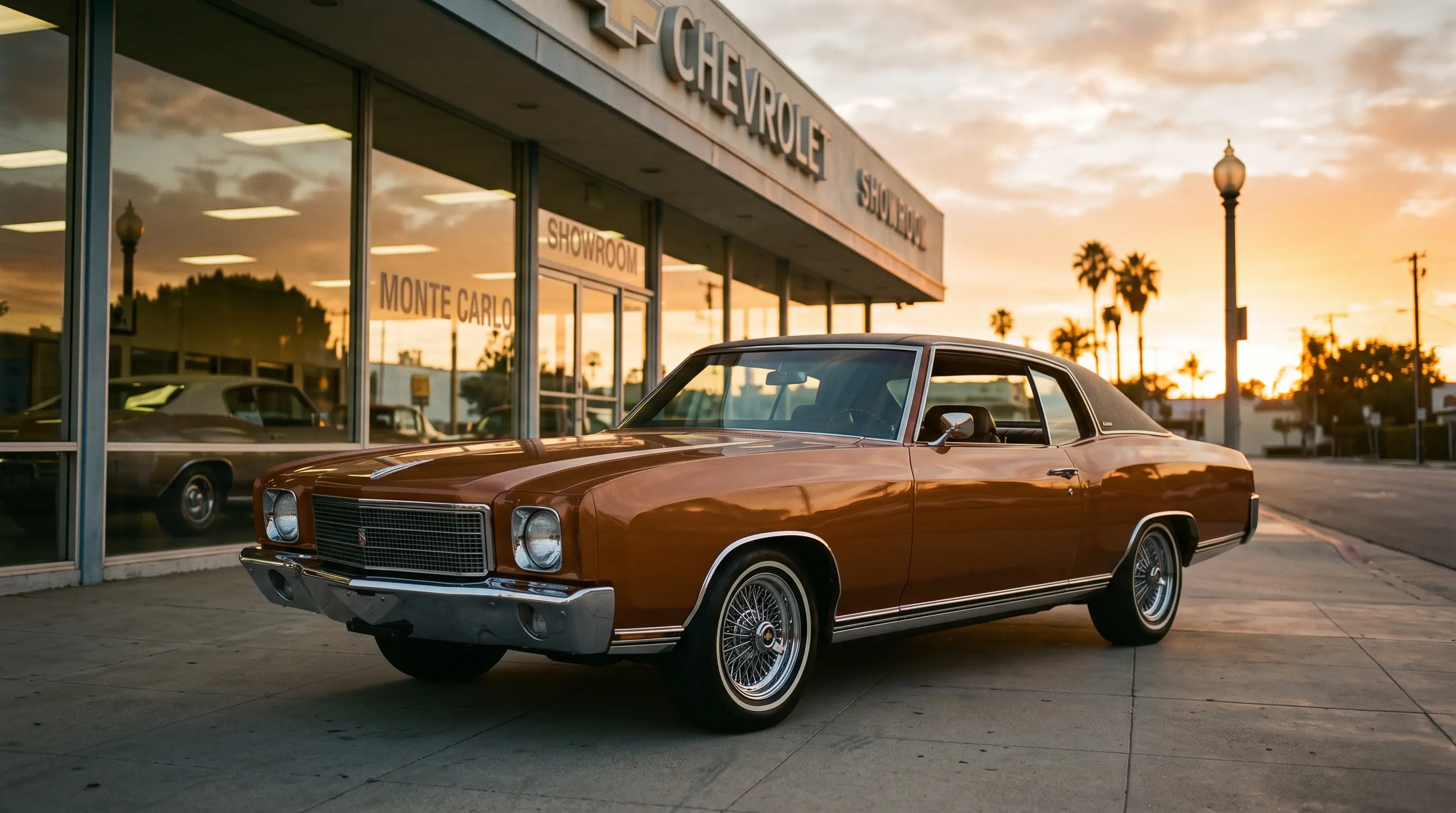 Bronze 1970 Chevrolet Monte Carlo outside a mid century dealership showroom
