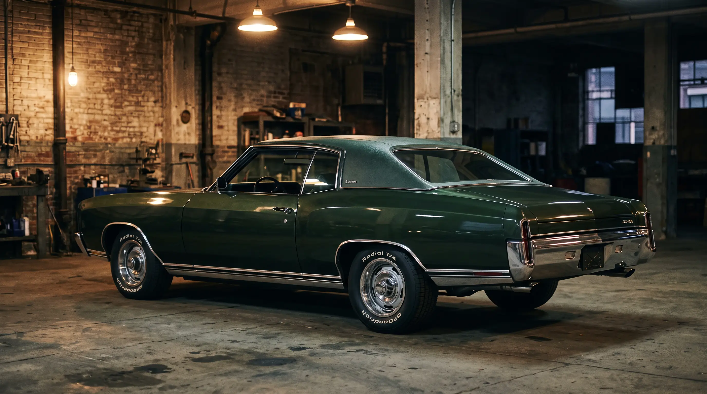 Dark green 1970 Chevrolet Monte Carlo SS 454 parked in an urban garage at dusk