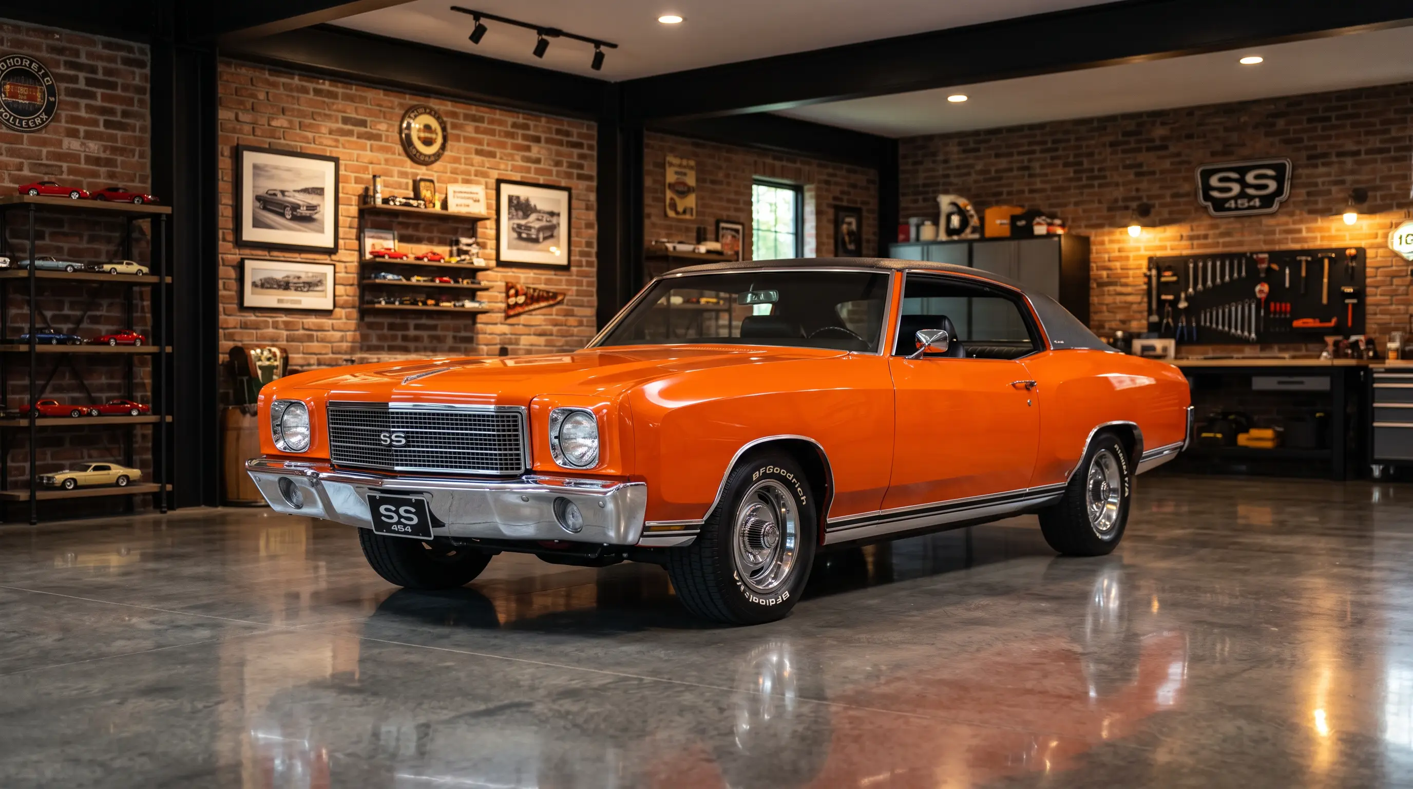 Pristine orange 1970 Chevrolet Monte Carlo SS454 in a polished collector garage
