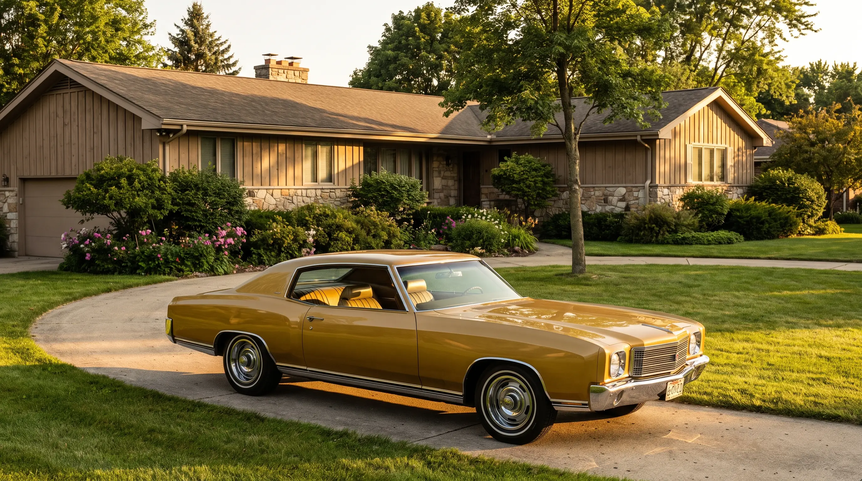 Gold 1970 Chevrolet Monte Carlo parked outside a vintage suburban house in warm light