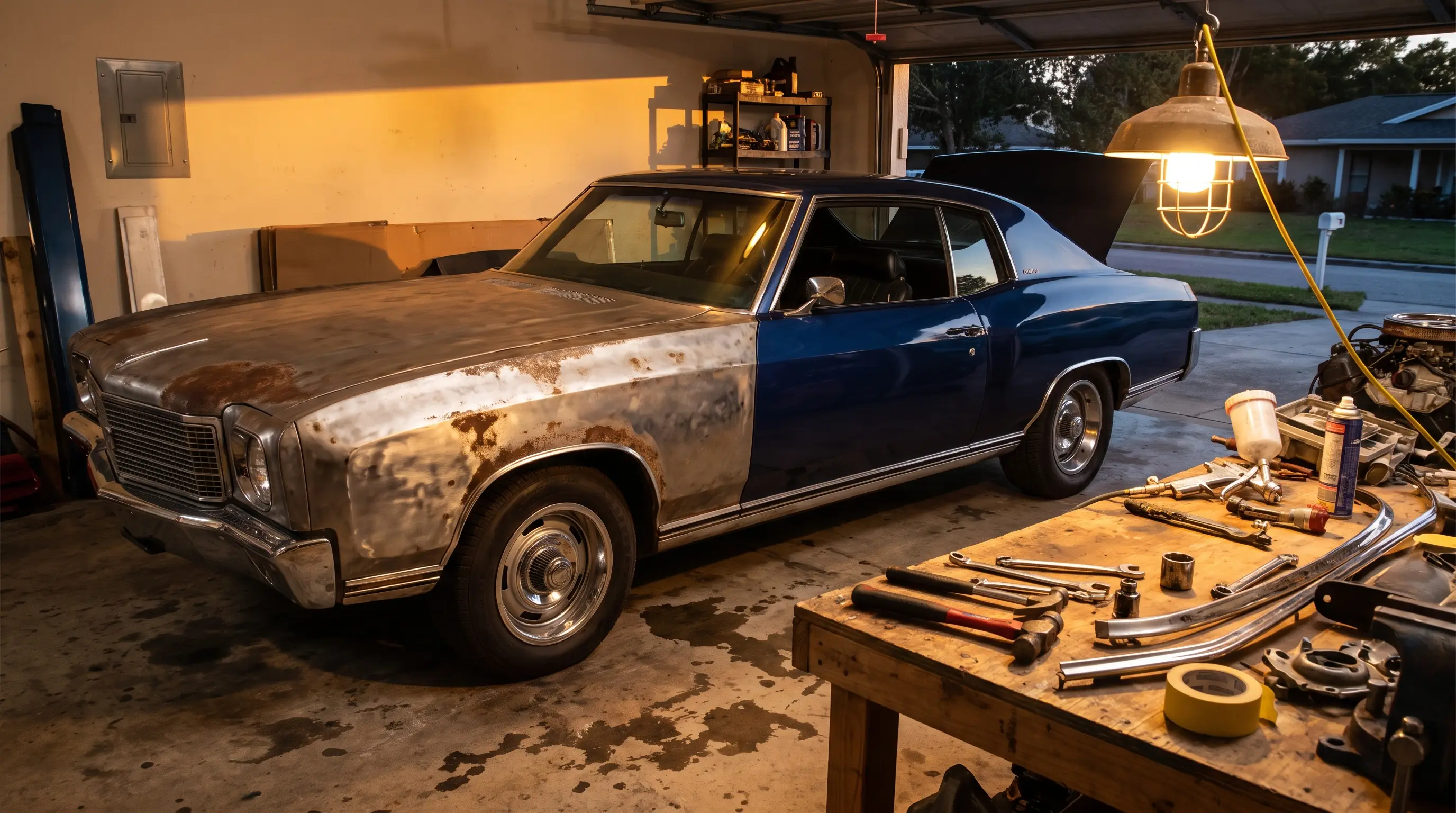 Partially restored 1970 Monte Carlo with bare metal fender in a home garage workshop