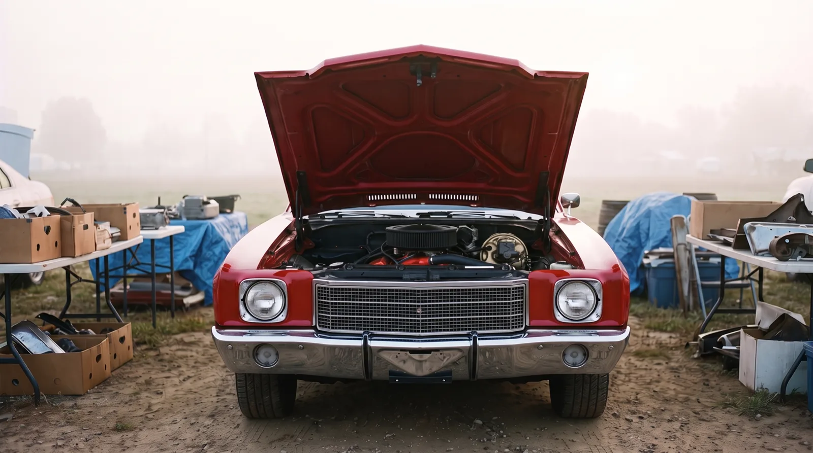 1970 Chevrolet Monte Carlo SS 454 — hood up at a misty swap meet