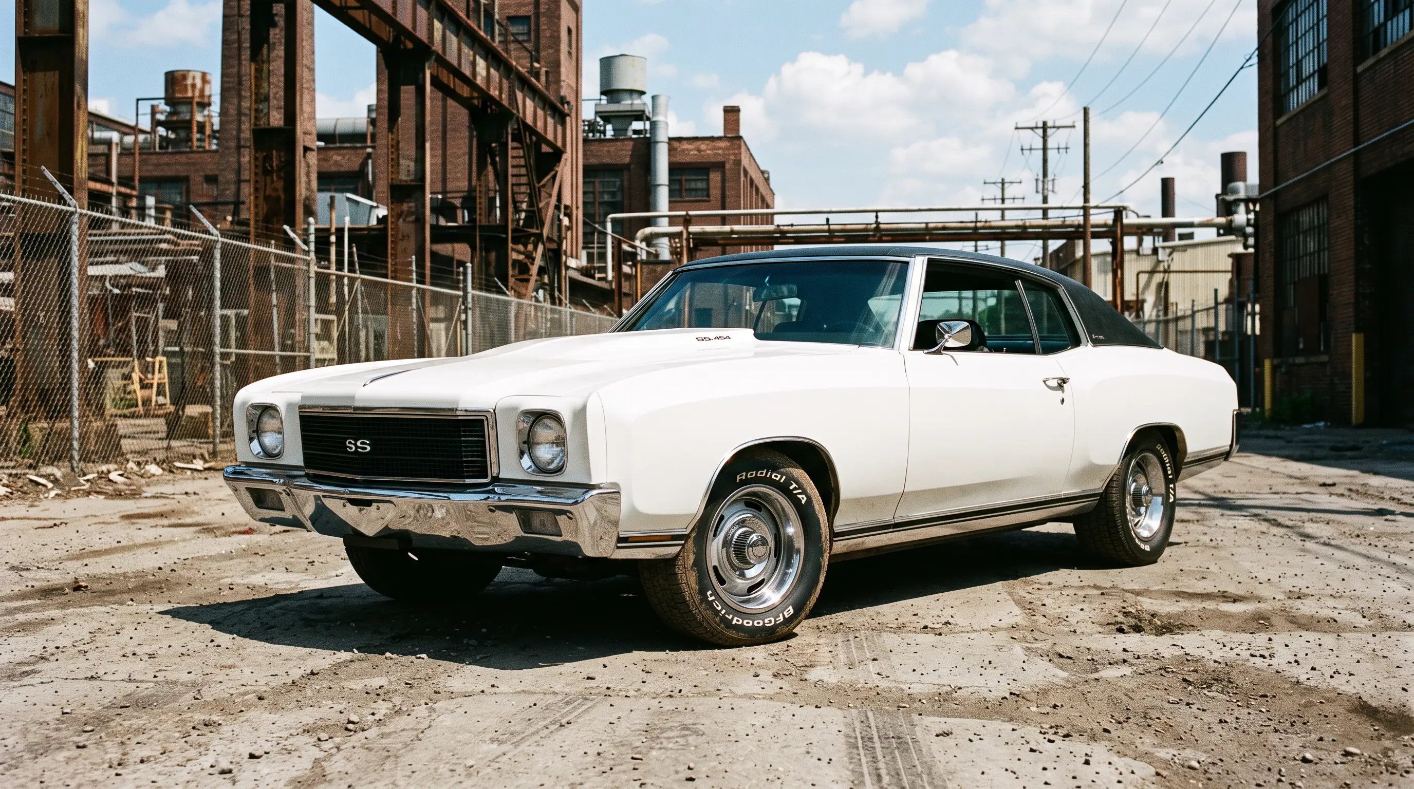 1970 Chevrolet Monte Carlo SS454 in white in an industrial yard at midday