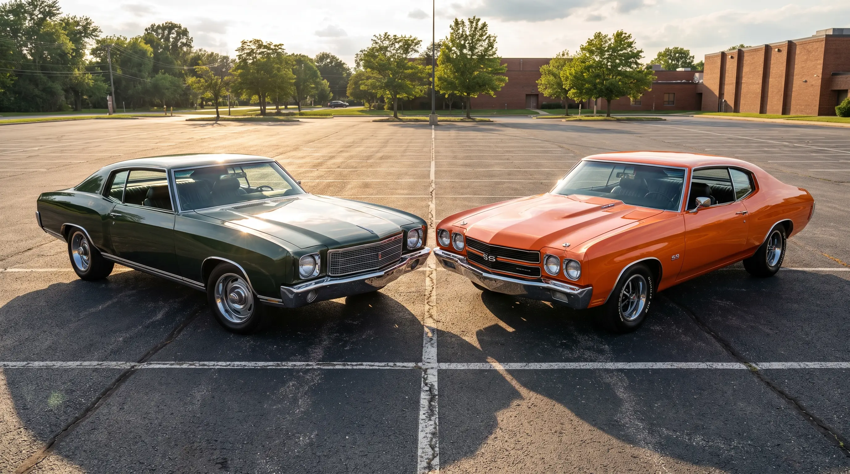 Green 1970 Monte Carlo SS 454 and orange Chevelle SS 454 parked nose to nose
