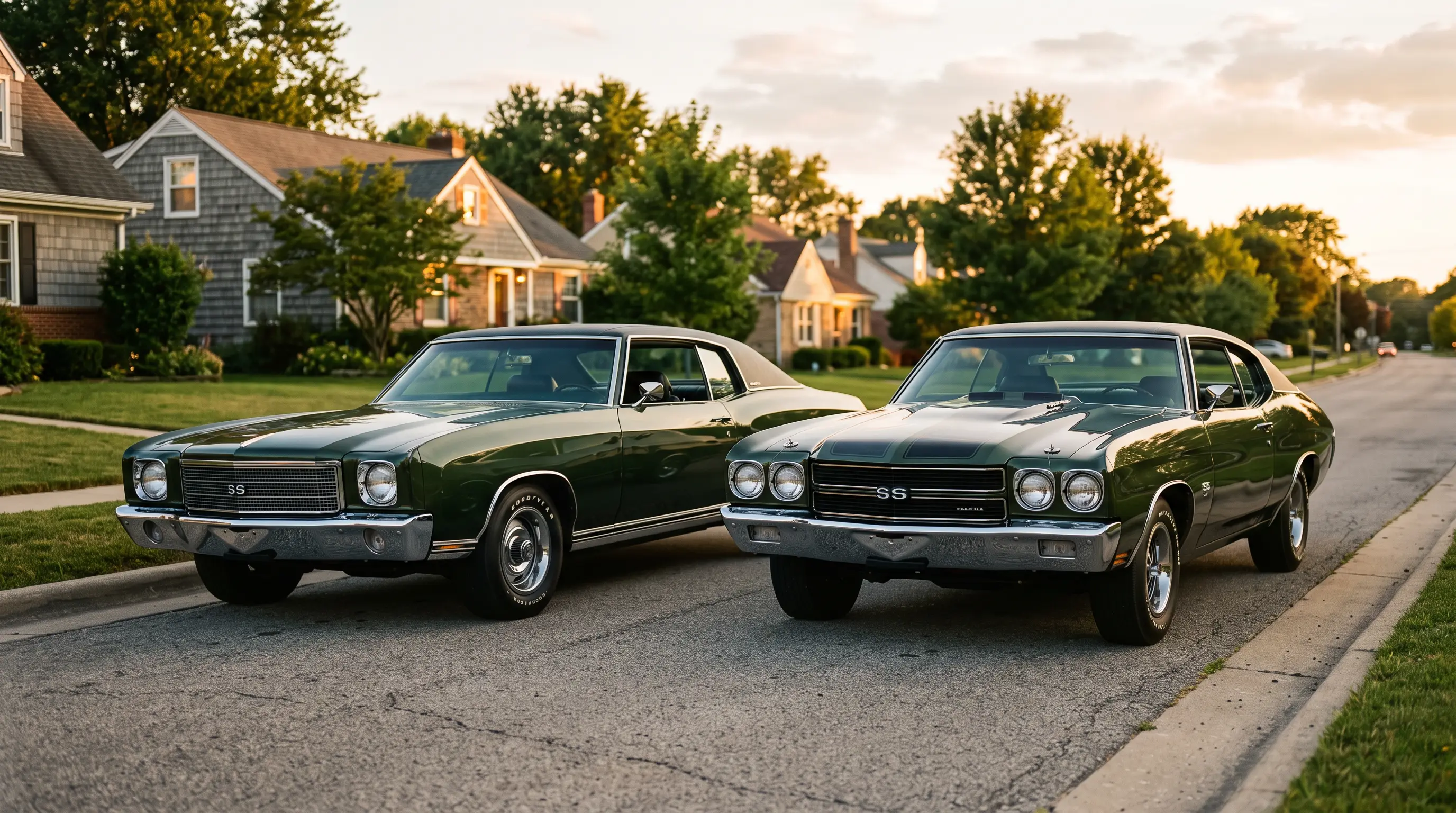 Green 1970 Monte Carlo SS 454 parked beside a matching Chevelle SS at golden hour