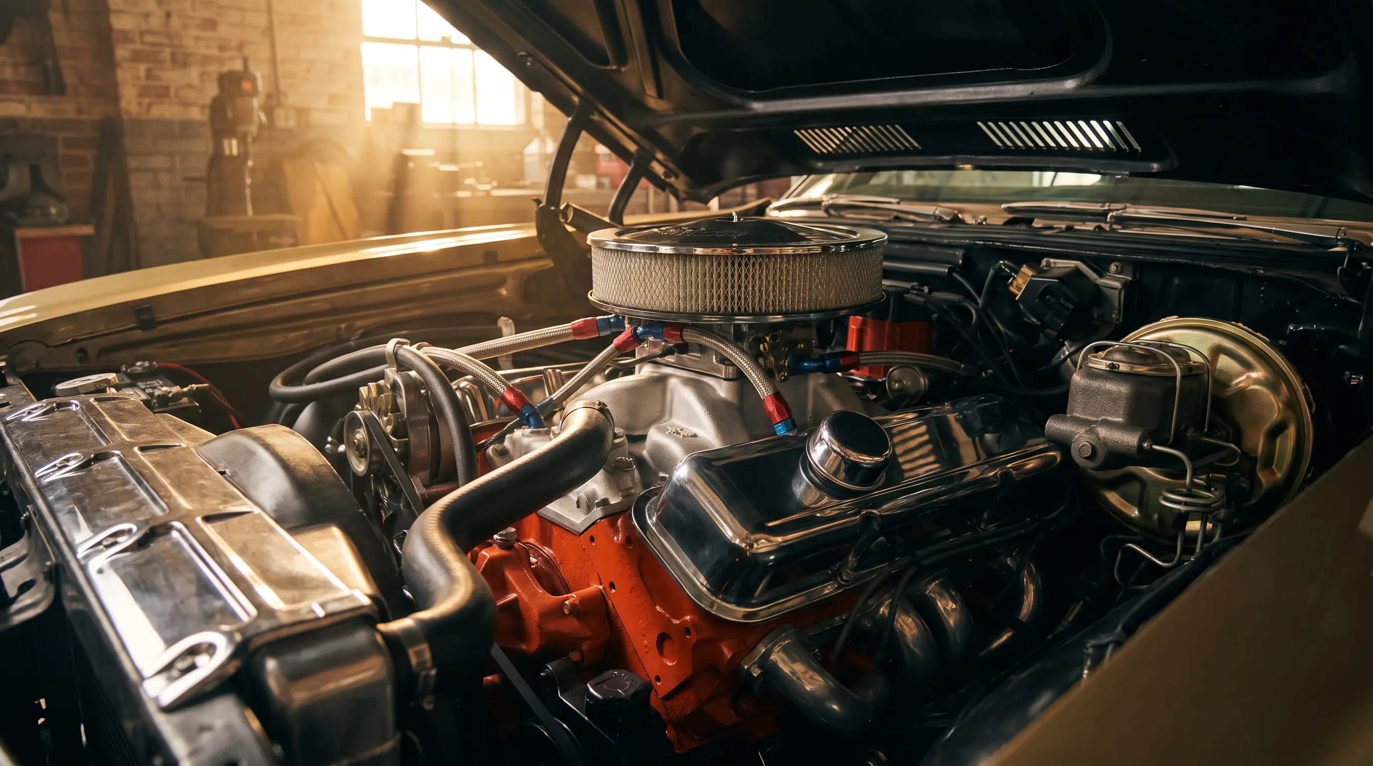 Detailed big block 402 V8 engine bay of a 1971 Chevrolet Monte Carlo with chrome valve covers