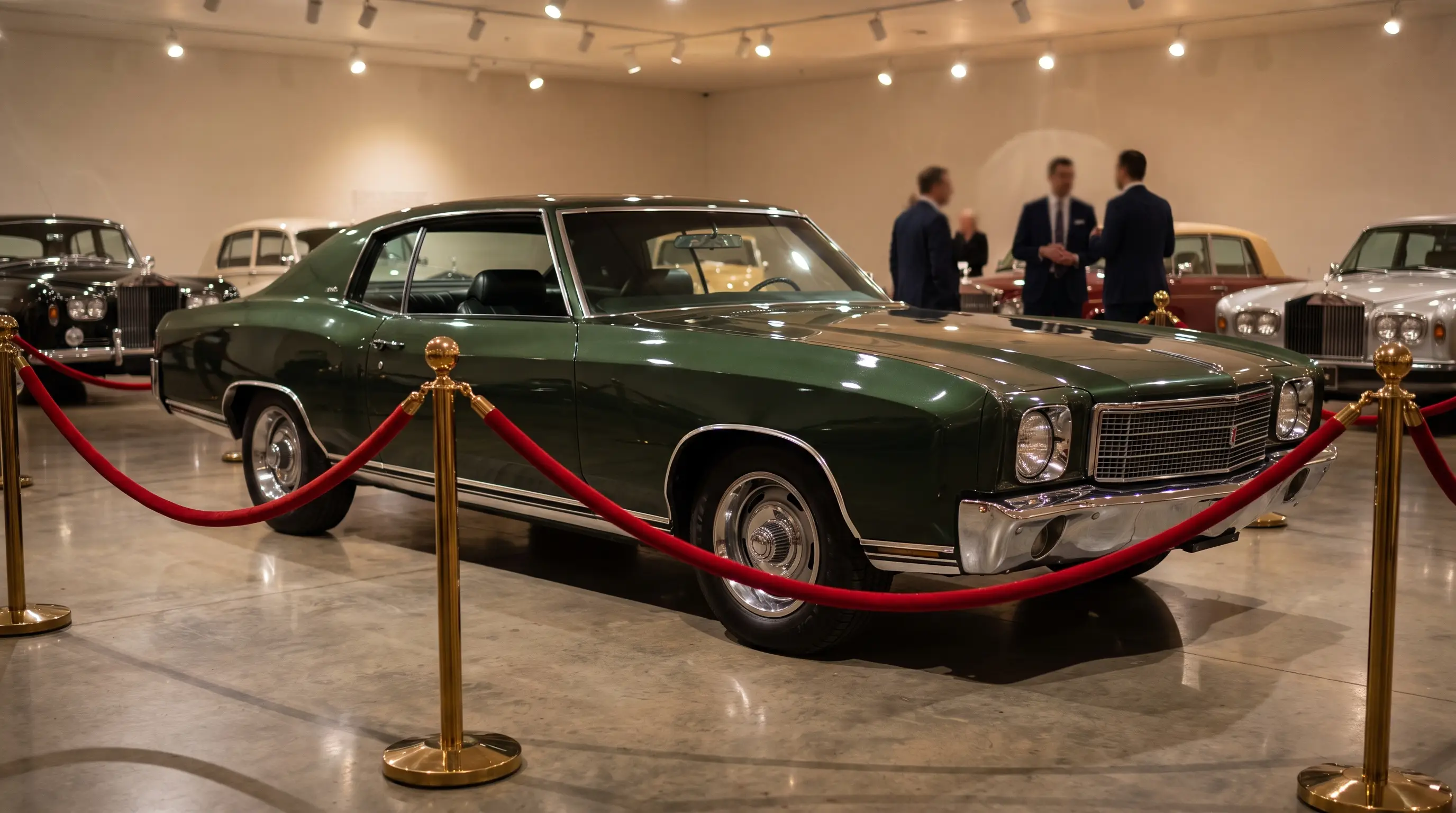 Dark green 1971 Chevrolet Monte Carlo displayed at a formal classic car auction preview