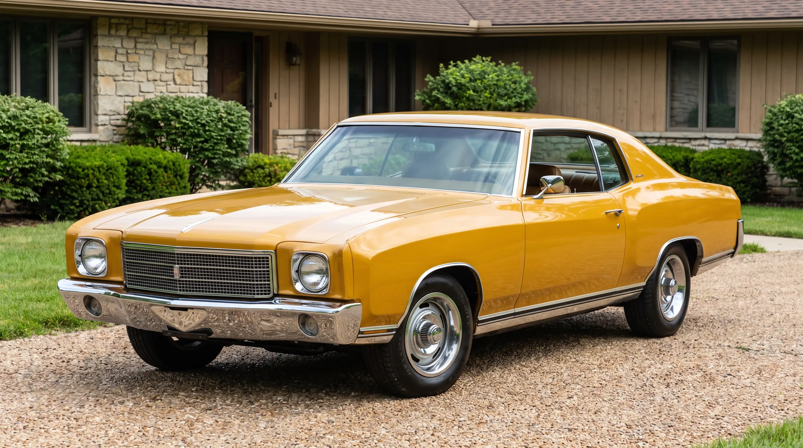 1971 Chevrolet Monte Carlo in butterscotch yellow parked in a driveway in bright daylight