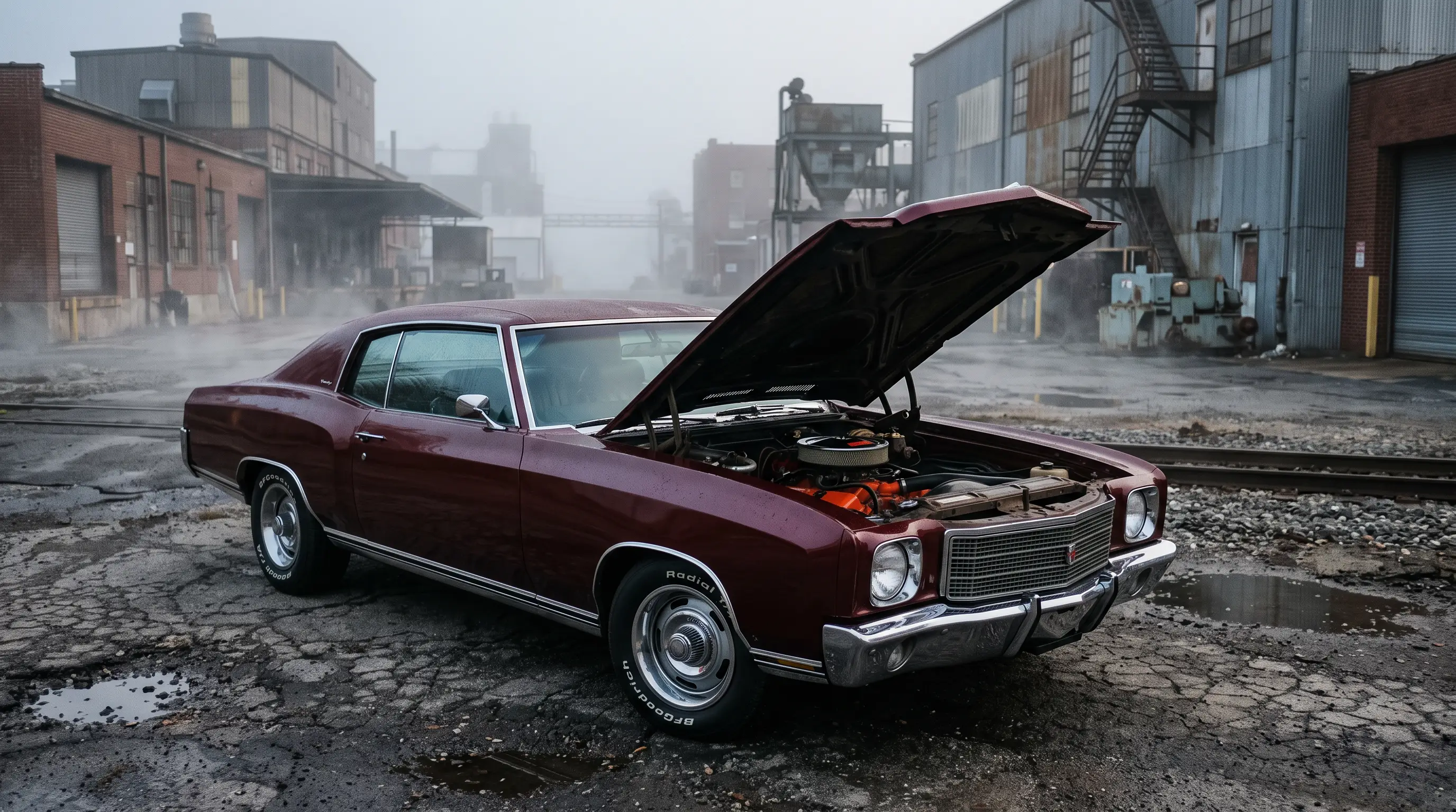 Burgundy 1971 Chevrolet Monte Carlo with open hood in a foggy industrial lot