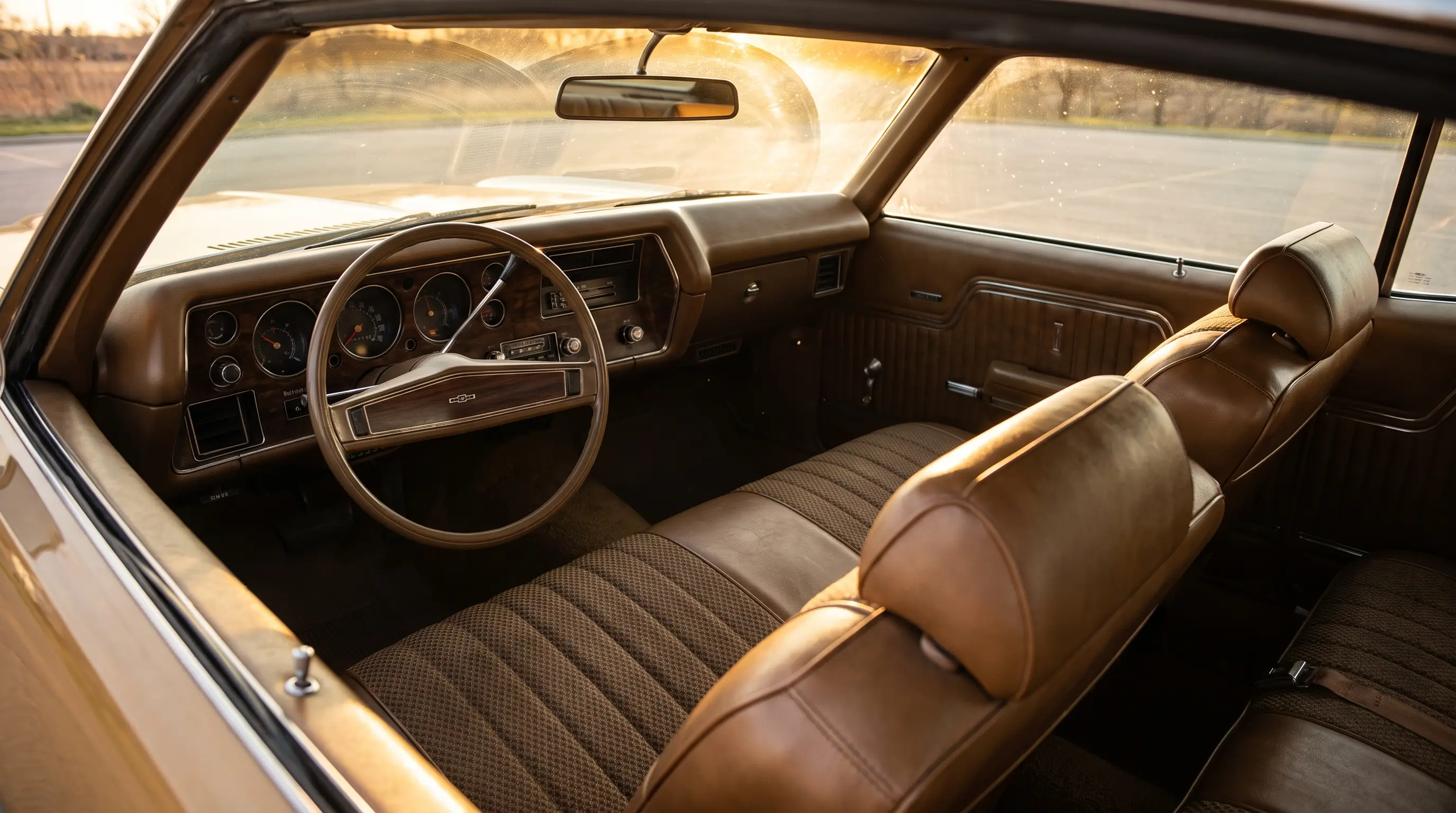 Interior cabin of a 1971 Chevrolet Monte Carlo with woodgrain dash lit by warm sunlight