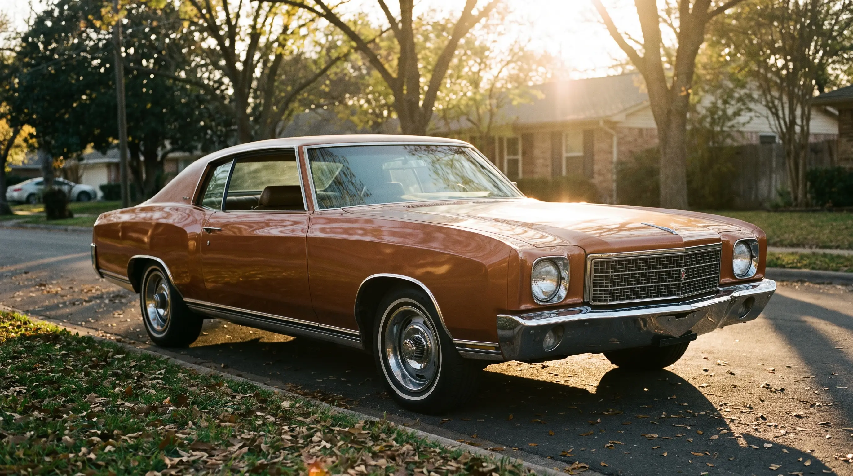 Copper bronze 1971 Chevrolet Monte Carlo on a quiet suburban street at golden hour