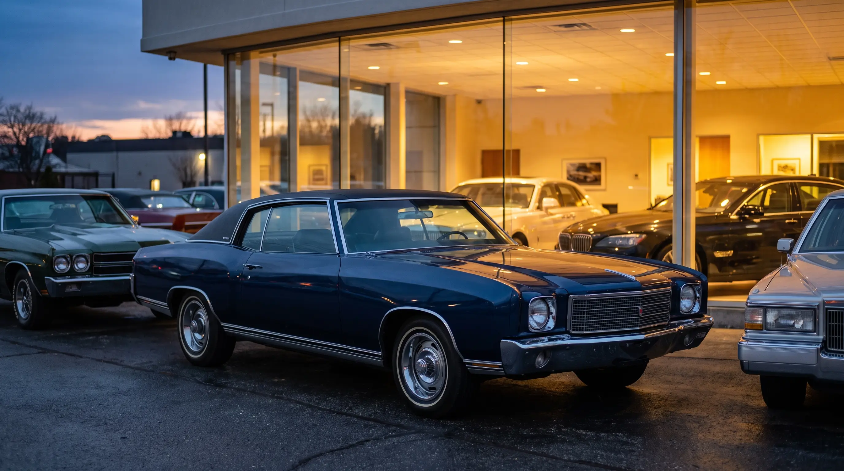 1971 Chevrolet Monte Carlo in navy blue with vinyl roof outside a dealership showroom at dusk