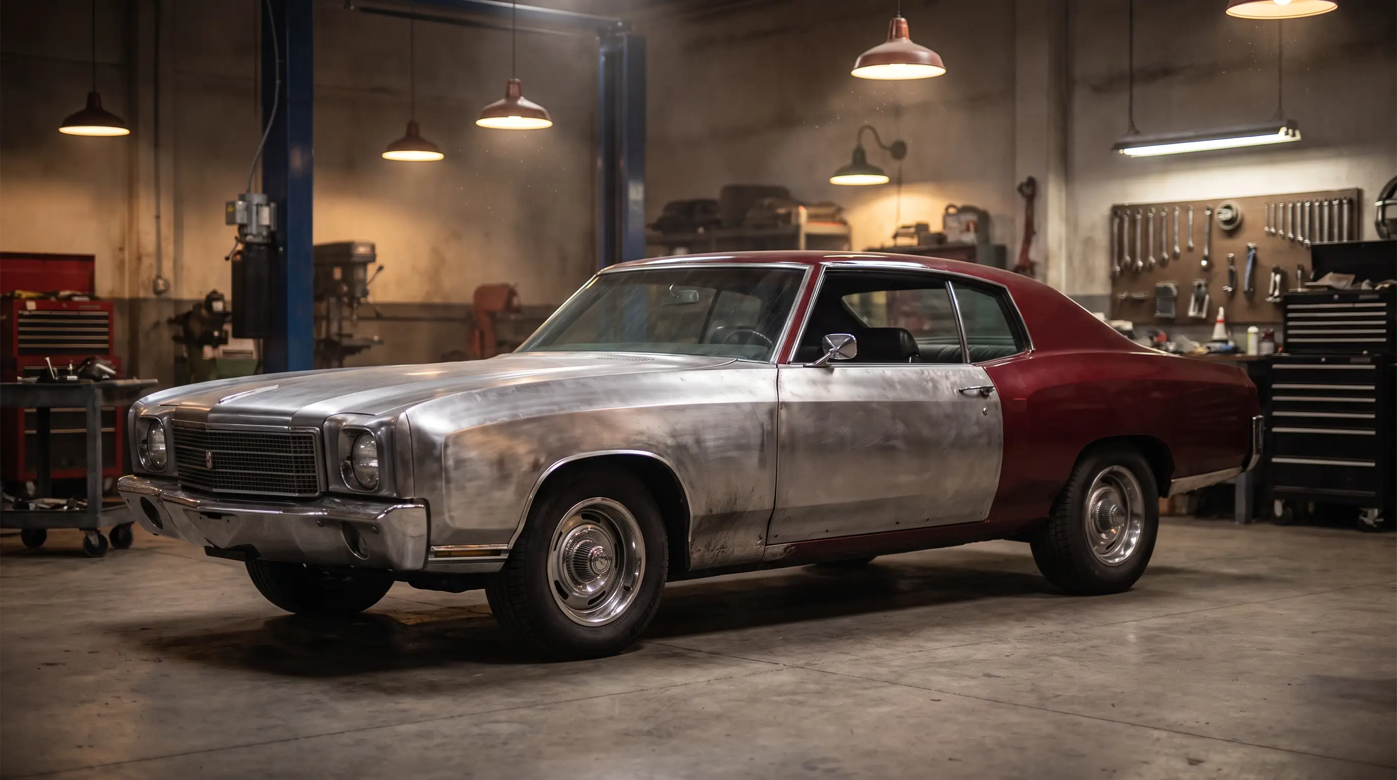 Partially restored 1971 Chevrolet Monte Carlo in a classic car restoration shop