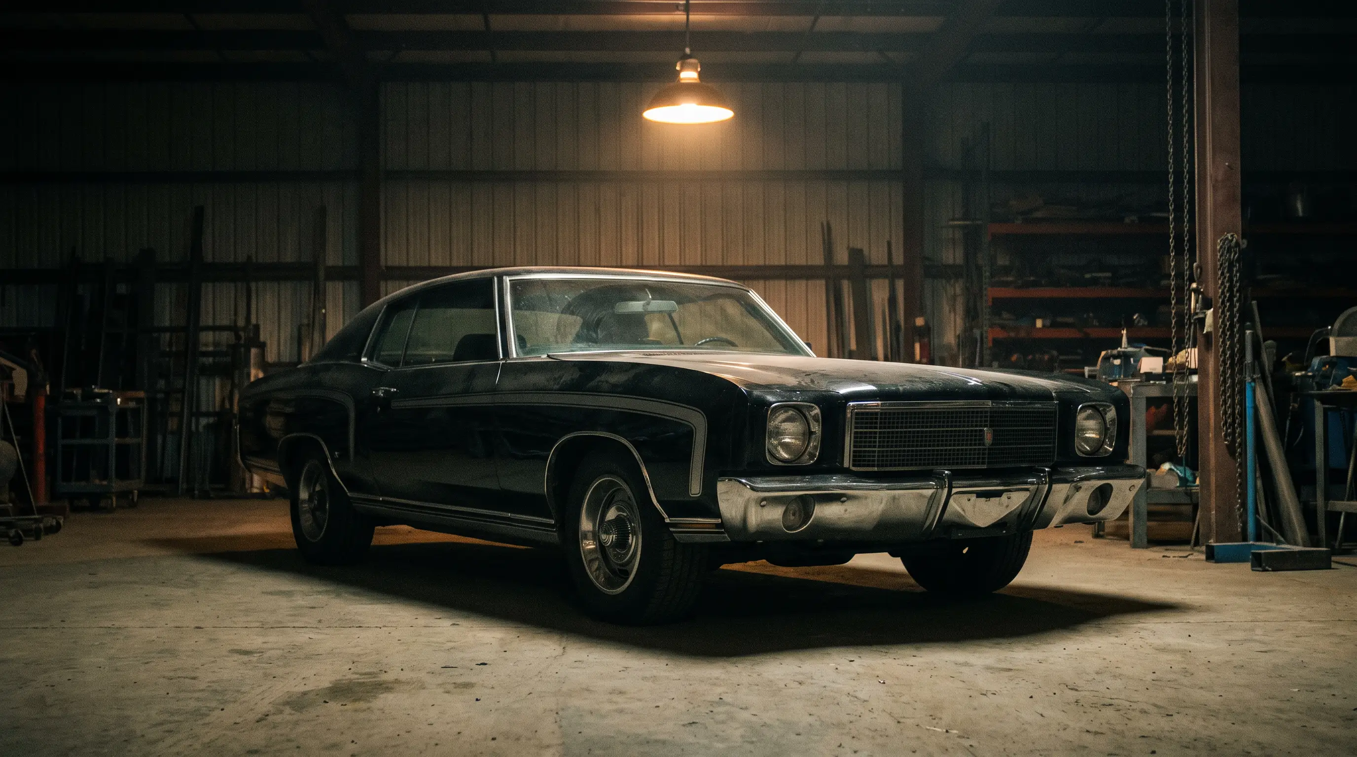 Black 1971 Chevrolet Monte Carlo SS 454 in a dim industrial garage