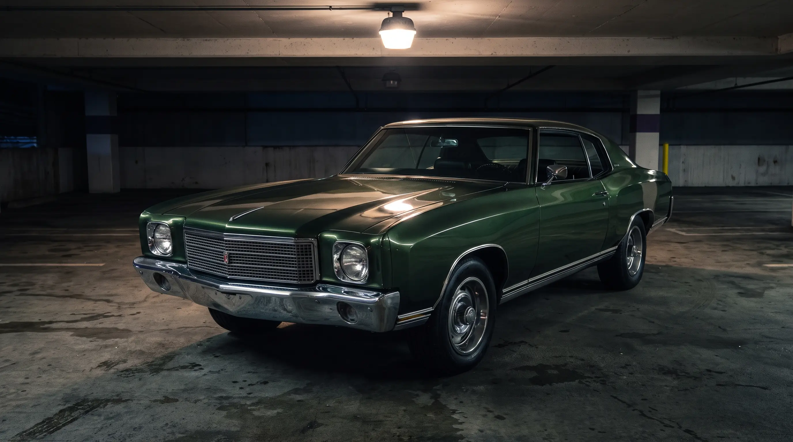 Dark green 1971 Chevrolet Monte Carlo SS 454 parked in a dim garage with dramatic reflections