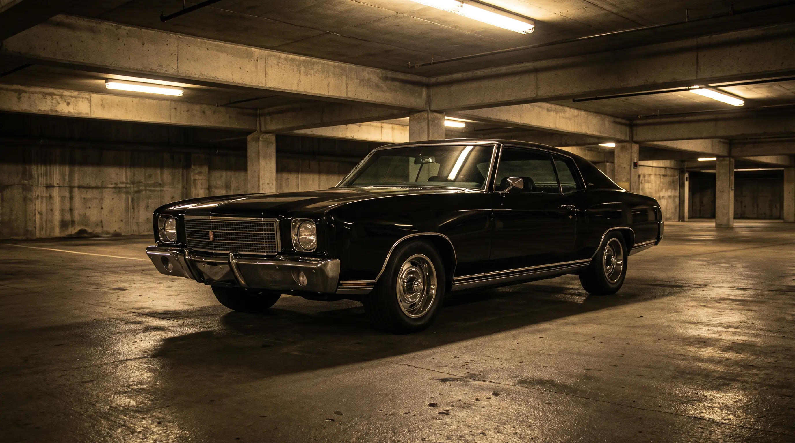 Black 1971 Chevrolet Monte Carlo SS 454 in a moody parking garage