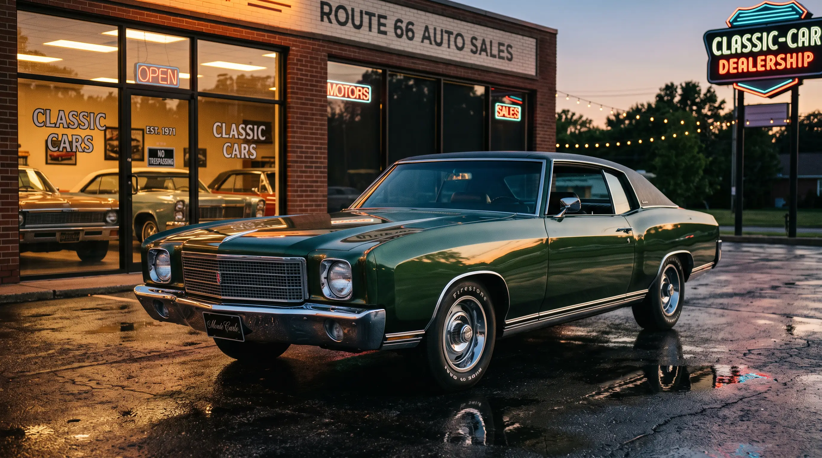 Green 1971 Chevrolet Monte Carlo at dusk outside a classic car showroom